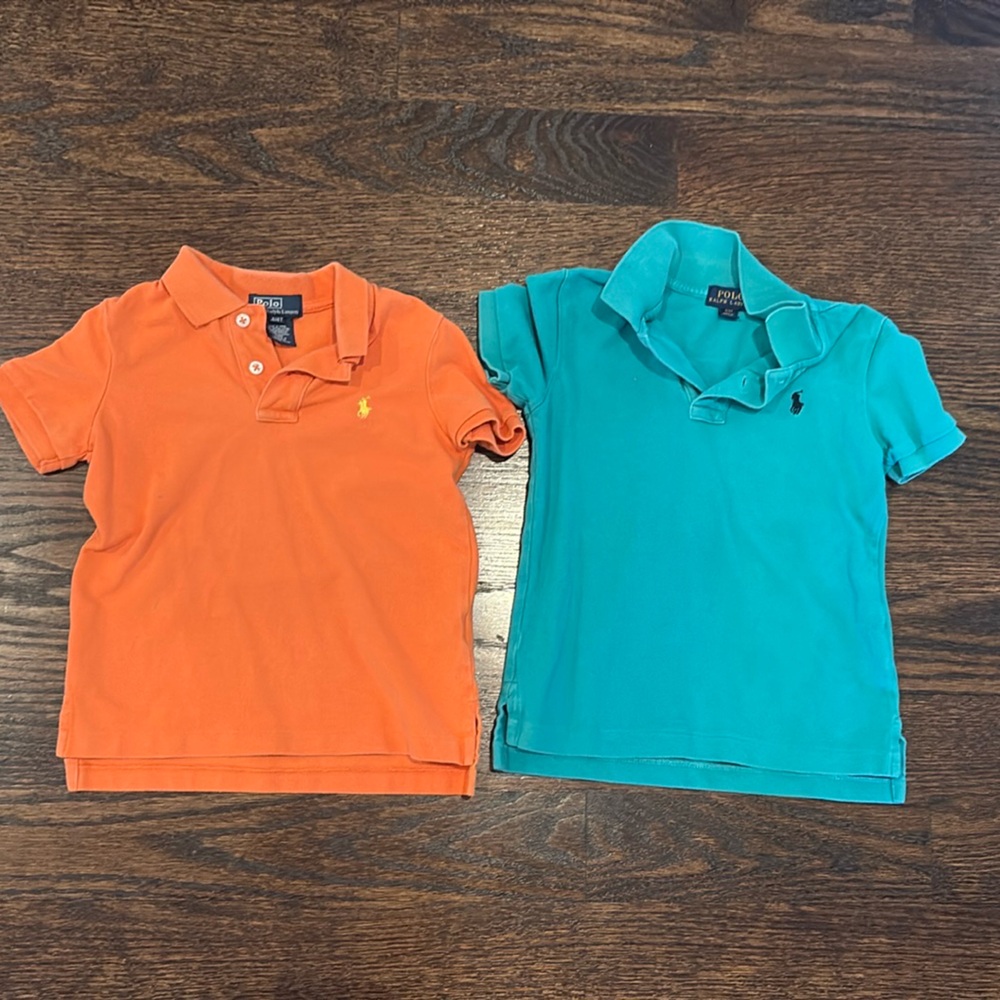 Pair of two Ralph Lauren polo collared shirts for boys, orange and teal size 4T